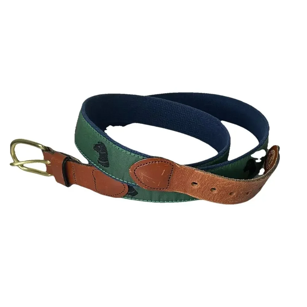 Leather Man Ltd. Black Lab Dog Fabric & Leather Belt VTG Men Sz 48” Preppy